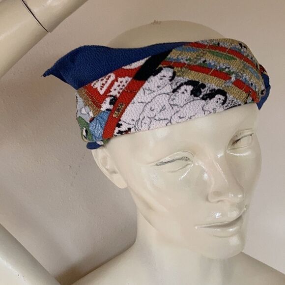 Vintage stretchy silk sumo wrestler stretch scarf kerchief large blue red cream - Picture 2 of 12